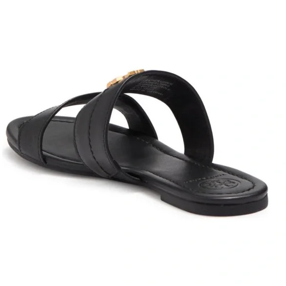 Tory Burch Black Leather Slides with Gold Emblem - Picture 2 of 5